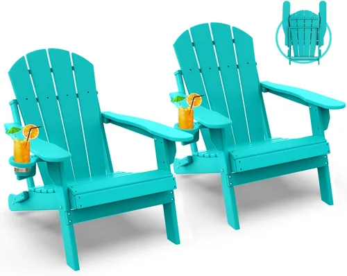 Miniatura 29 de GREENVINES Juego de 2 sillas plegables Adirondack Plástico HDPE Silla para hoguera Todo clima Portavasos Rojo para terraza, patio