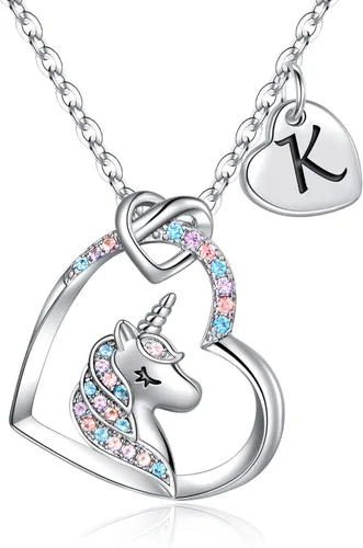 Hidepoo - Collar de unicornio para niñas, regalo para hija, collar con dije con inicial colorido de circonita con forma de corazón, para