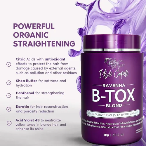 Miniatura 4 de I Belli Capelli Tratamiento Ravenna B-tox para cabello rubio, 35.2 oz (1kg) - Sin formaldehído, acción anti-encrespamiento, suavizante, hidratación