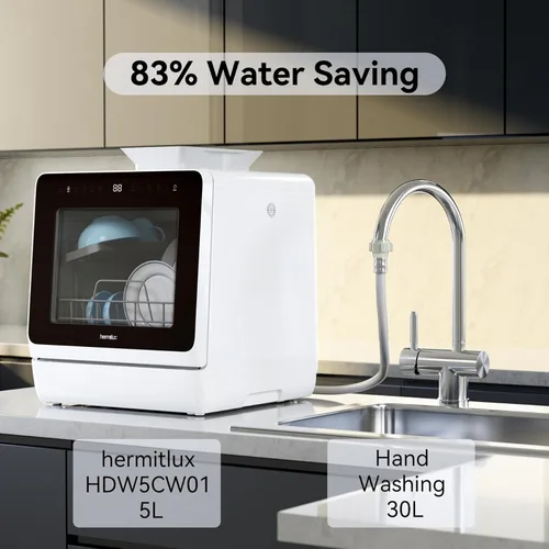 Miniatura 4 de Hermitlux Lavavajillas para encimera, 7 programas de lavado, mini lavavajillas portátil con tanque de agua integrado de 5 litros para apartamentos