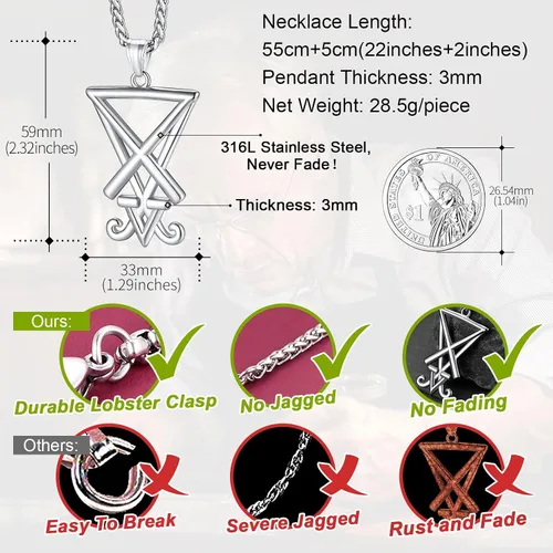 Miniatura 5 de FaithHeart Leviathan - Collar de cruz de azufre satánico, chapado en oro, joyería de acero inoxidable para la iglesia de Satanás, símbolo alquímico