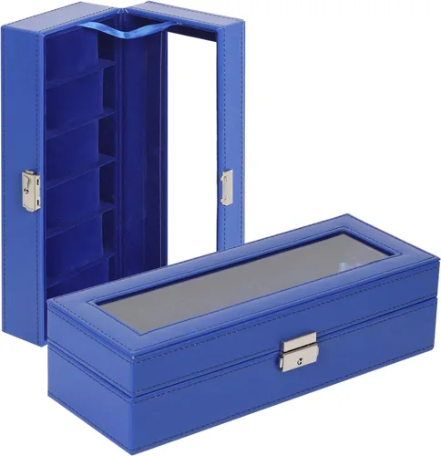 Miniatura 27 de NEX Caja de reloj organizador para hombres, de piel sintética superior de cristal para el almacenamiento de relojes