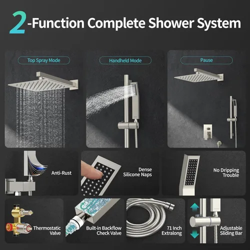 Miniatura 3 de SR SUN RISE Sistema de Ducha Cuadrado de 12 Pulgadas, Cabezal de Ducha de Lluvia y Grifo de Ducha de Mano con Barra Deslizante Montado en la Pared