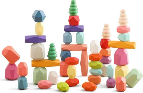OESSUF 48 piezas de bloques apilables, piedras apilables de equilibrio, juguetes de construcción de madera, juego de apilamiento de piedra de madera