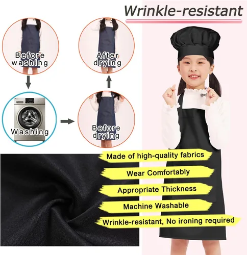 Miniatura 5 de BIGHAS Juego de delantal de chef para niños y niñas, correa ajustable para el cuello, cierre de gancho y bucle, diseño de cintura para hornear
