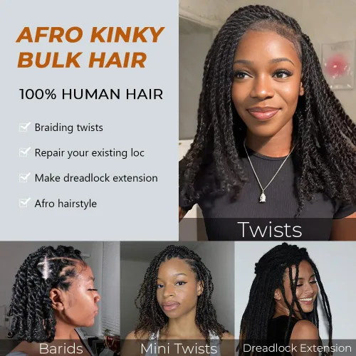Miniatura 3 de FASHION IDOL Afro Kinkys - Cabello humano a granel para extensiones de rastas, reparación de Loc, trenzado, giro apretado, cabello humano afro