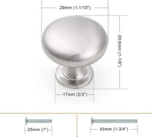 Miniatura 2 de Probrico Paquete de 25 perillas para gabinete, pomos redondos para muebles en acabado de níquel cepillado, perillas de cocina de 1-3/16 pulgadas
