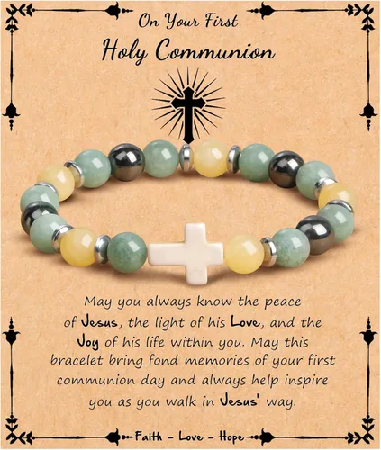 Miniatura 18 de JoycuFF Regalos Cristianos, Pulseras de Cruz para Mujeres, Joyería Cristiana Católica Religiosa de Fe de Pascua, Pulseras de Piedra Natural