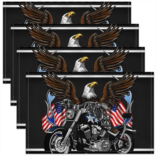 Juego de 4 manteles individuales para motocicleta, diseño de águila y bandera de Estados Unidos, rayas blancas y negras, impermeables, para cocina,