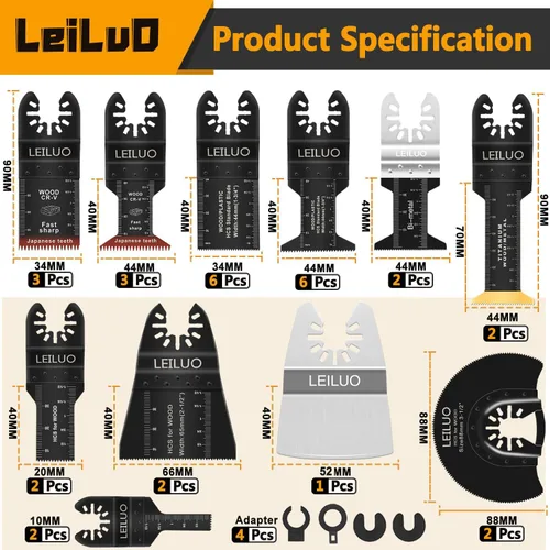 Miniatura 3 de LEILUO – Juego de 15 hojas oscilantes con dientes japoneses de aleación CRV para herramienta multifunción, ideales para cortar madera; incluye hojas