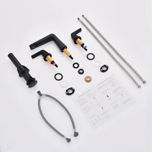 Miniatura 5 de Grifo de baño extendido de 8 pulgadas con 2 manijas, 3 orificios, con ensamblaje de desagüe emergente y líneas de suministro de agua (Negro)