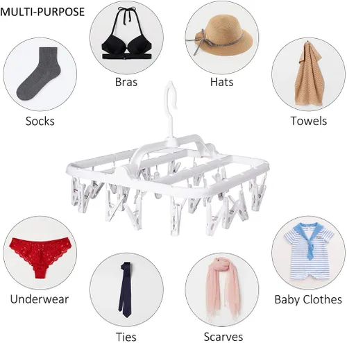 Miniatura 2 de Perchas plegables con 26 clips de secado, colgador de ropa interior con clips, clip de plástico para ropa sucia y colgador de secado por goteo