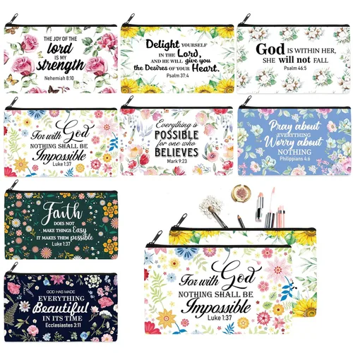 Miniatura 9 de Talltalk 8 piezas de regalos cristianos para mujeres, bolsas de maquillaje cristiano a granel con versículos de la Biblia, bolsa de cosméticos