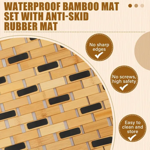 Miniatura 4 de Barydat Juego de 2 tapetes de baño de bambú para bañera larga y grande, antideslizante, tapete de ducha de bambú, tapete de madera impermeable