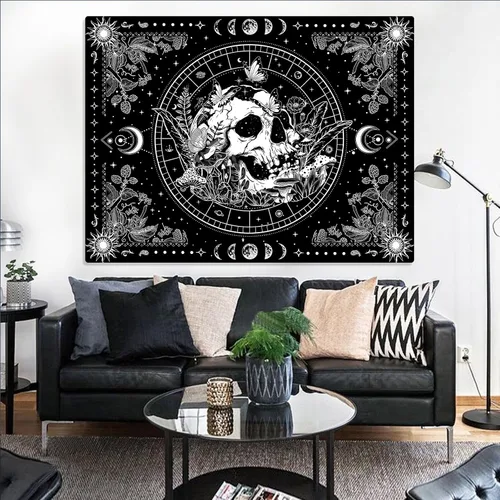 Miniatura 6 de Aipon Tapiz de esqueleto en blanco y negro para dormitorio, tapiz de calavera, setas, tapices hippie, plantas naturales, flores florales, tapiz