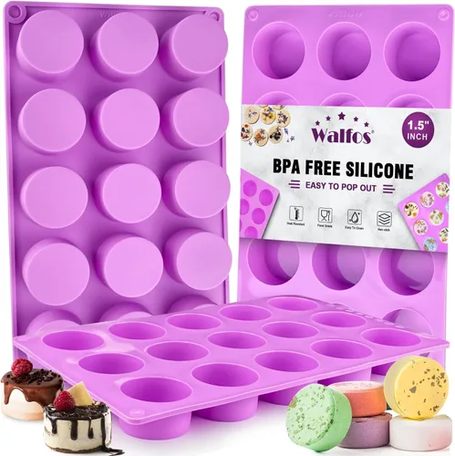 Walfos Paquete de 3 Moldes de Jabón Pequeños, 15 Cavidades Moldes Redondos Mini de Silicona, Moldes de Jabón de Silicona Cilíndricos de 1.5 pulgadas