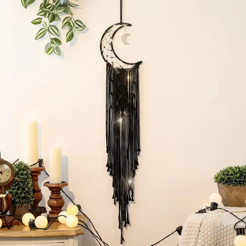Miniatura 12 de ANROYE Colgante de pared tejido de macramé bohemio, crochet, luna creciente, estrella, atrapasueños con borla larga, algodón verde, hecho a mano
