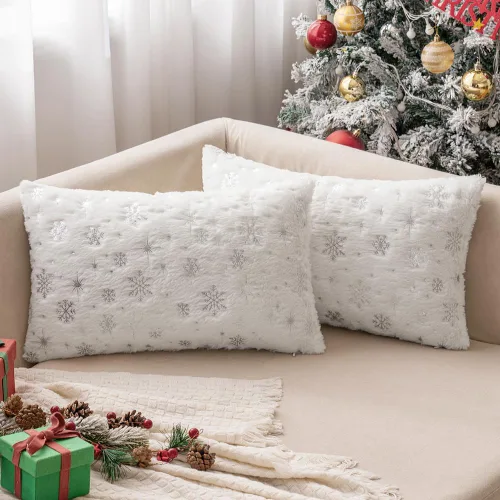 Miniatura 25 de MIULEE - Juego de 2 fundas de cojín decorativas de Navidad, hechas de piel sintética suave con copos de nieve plateados y brillantina, para Verde