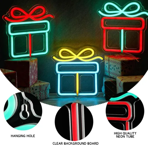 Miniatura 3 de ROCEEI 3 letreros de neón de Navidad, caja de regalo de luces de neón, barra de pared LED USB, decoración de sala de estar para fiesta de invierno