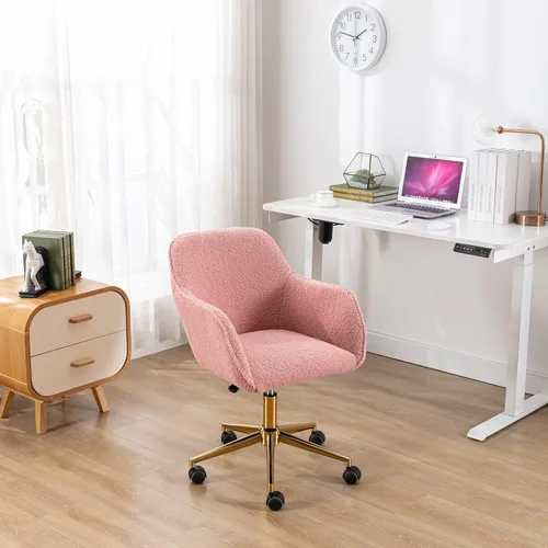 Miniatura 12 de HomVent Silla de escritorio esponjosa de piel sintética rosa, silla giratoria ajustable para computadora con ruedas, altura ajustable, bonita silla