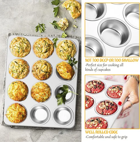 Miniatura 5 de E-far Molde para magdalenas de 12 cavidades, juego de 2, moldes de acero inoxidable para magdalenas, moldes de metal para horno, tamaño regular