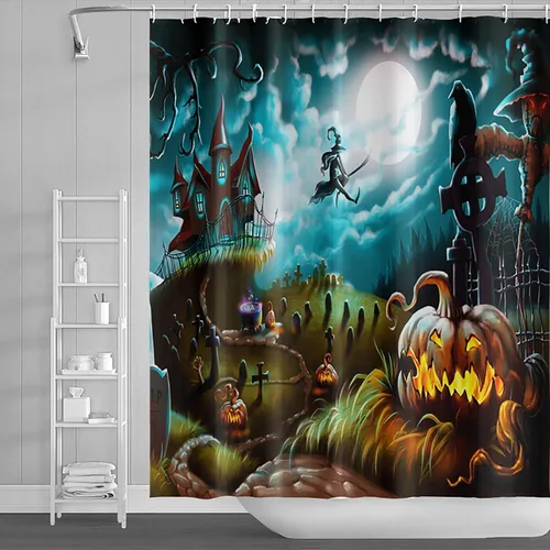 Miniatura 5 de Cortina de ducha de Halloween, cortinas de ducha de calabaza aterradora para baño, casa cazada de brujas, cortina de baño, cortina de baño