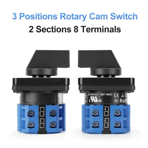 Miniatura 3 de Baomain Interruptor de cambio rotativo, 20A 3 posiciones, selector de leva de 8 terminales con selección de circuito 1-0-2, certificado UL