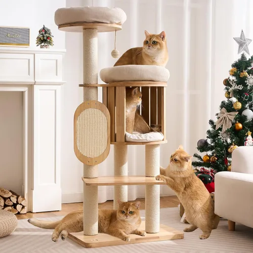 Árbol Moderno de Madera Maciza para Gatos Adultos Grandes de Interior, Torre para Gatos de 50 Pulgadas de Alto con Postes Rascadores de Sisal, 50.0