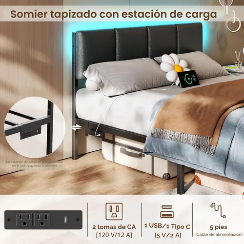 Miniatura 4 de Furnulem Base de cama de tamaño matrimonial con estación de carga y luces LED, cabecera tapizada de piel sintética, cama de plataforma de metal