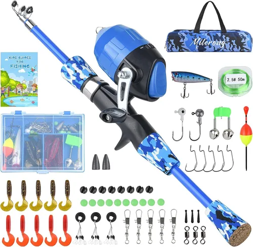 Milerong Caña de pescar para niños, caña de pescar telescópica portátil y carrete combinado para niños, niñas, jóvenes, con carrete de pesca