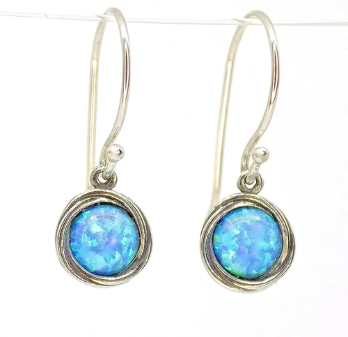 Miniatura 8 de Opal Earrings, Sterling Silver Dangle Earrings for women, Small round Blue Opal silver dangle earring, October Birthstone, Simple Opal earrings