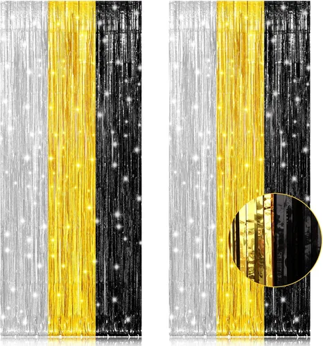 Miniatura 8 de Paquete de 2 cortinas de flecos de lámina de oropel negras de 3.2 pies x 8.2 pies, cortinas de oropel metálicas para telón de fondo de cabina