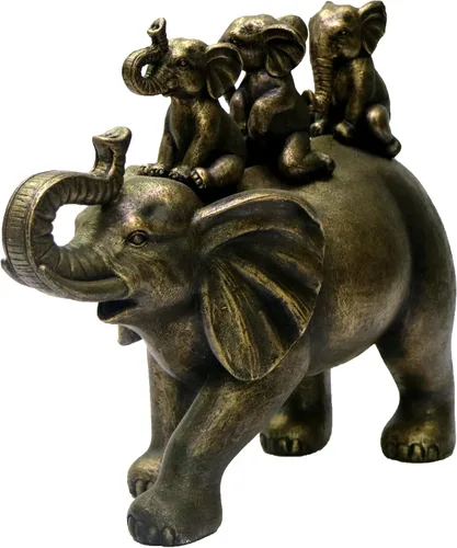 Miniatura 4 de Nature's Mark Estatua de Resina de 3 Bebés Elefantes Montando en un Elefante de 8" H Figura Decorativa para el Hogar (Bronce)