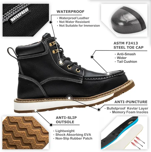 Miniatura 2 de KELODON Botas impermeables con punta de acero para hombres, botas de trabajo de cuero de 6 pulgadas, botas de construcción indestructibles, botas