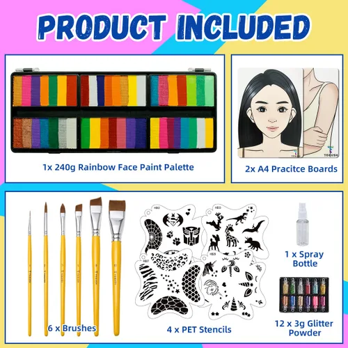 Miniatura 4 de Kit de pintura facial de 8.47 oz de tortas divididas arco iris, paleta de pintura facial profesional para niños y adultos con purpurina, plantillas