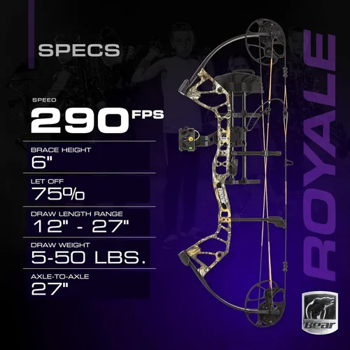 Miniatura 3 de Bear Archery Royale Ready to Hunt Paquete de Arco Compuesto para Adultos y Jóvenes, Longitud de Apertura de 12”- 27”, Potencia de Apertura de 5-50
