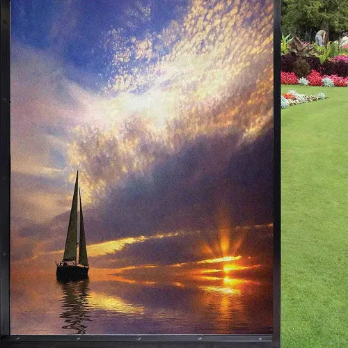 Miniatura 17 de Película escénica de verano para ventana, película de privacidad para ventana, prado floral silvestre en montañas alpinas, puesta de sol, Color 1