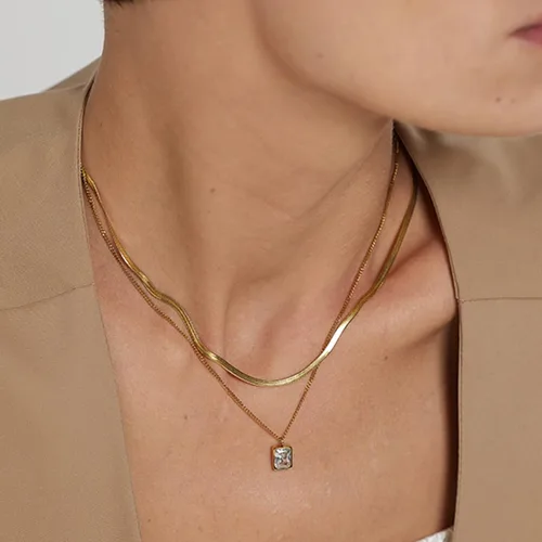 Miniatura 3 de Yonhi 2 collares de capas chapados en oro para mujer, gargantillas de cadena de serpiente, cadenas de espiga de eslabones planos con colgantes