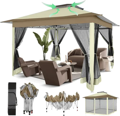 COBIZI - Tienda desplegable de 3,66 x 3,66 metros en oferta - Cenador portátil de metal para exteriores con mosquitero, impermeable - Cenador Caqui