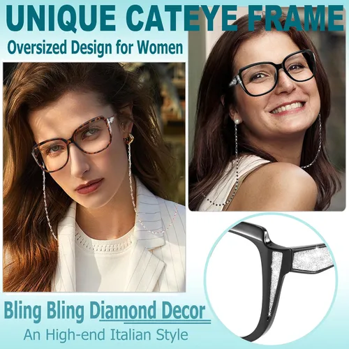 Miniatura 2 de Elegantes gafas de lectura de ojo de gato, lentes de sol de gran tamaño con cadena de lentes de moda portátiles para mujeres 1 paquete (tortuga)