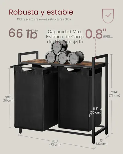 Miniatura 7 de VASAGLE - Cesta de ropa de lavandería, clasificador de ropa con 2 bolsas extraíbles deslizantes, estante, marco de metal, 46 litros, 28.8 x 13 x