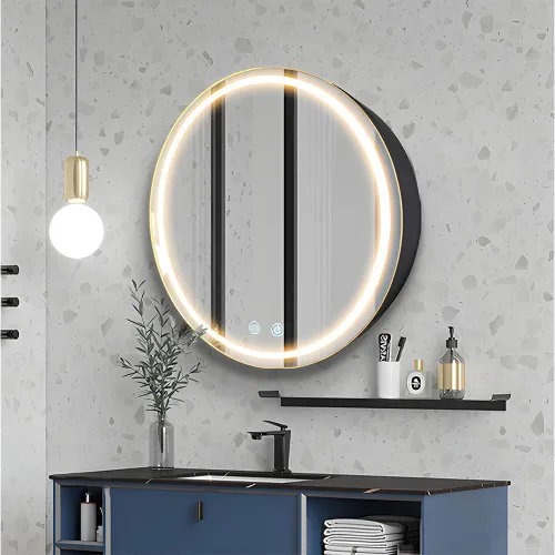 Botiquín redondo de 20 pulgadas con luces, botiquín LED con desempañador, armario con espejo iluminado para baño, regulable, antivaho, 3 colores,
