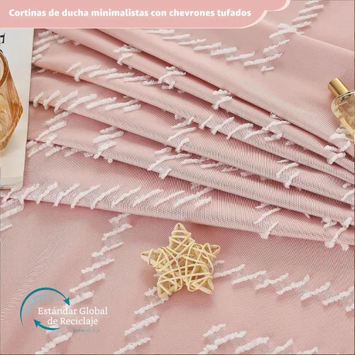 Miniatura 2 de Siiluminisoy Cortina de ducha bohemia rosa de tela tejida con borlas blancas, bonita cortina de ducha moderna de granja con textura tufted de A Pink