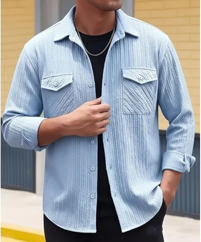 Miniatura 2 de Camisas con botones para hombre, casual, de manga larga, con cuello jacquard, texturizada, ligera, sobrecamisa, sobrecamisa