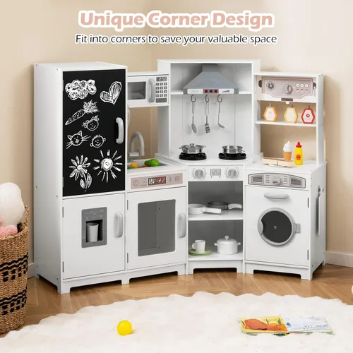 Miniatura 9 de Costzon Cocina de Jugar de Rincón con Luces, Sonidos, Gran Juego de Cocina de Pretensión con Pizarra, Microondas, Accesorios de Cocina, Juguete