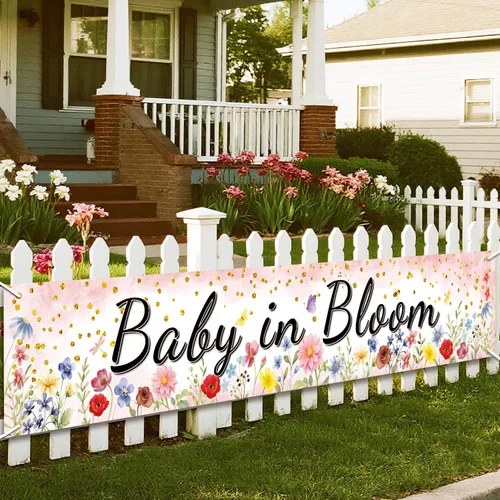 Baby in Bloom - Cartel de baby shower, diseño floral de acuarela rosa coral, decoraciones de primavera para baby shower, grande de 70.8 x 13