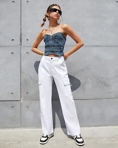 Miniatura 5 de GRAPENT Pantalones cargo para mujer, casuales, de cintura alta, holgados, elásticos, de pierna recta, traje occidental, pantalones Y2K con bolsillos