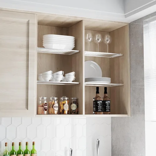 Miniatura 2 de Paquete de 2 estantes de tensión expandibles para armario, estantes de tensión ajustables para montaje en pared para gabinete, almacenamiento