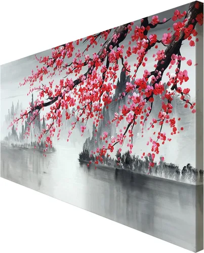 Miniatura 2 de Pintura al óleo china tradicional hecha a mano de flor de ciruelo rosa, arte de pared en lienzo, obra de arte de paisaje moderno en blanco y negro