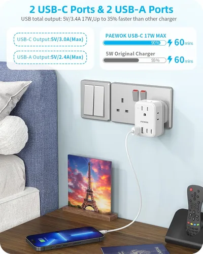 Miniatura 4 de PAEWOK Adaptador de viaje PD de 20 W, mini adaptador universal de viaje con 1 toma de CA y carga rápida USB, adaptador de enchufe internacional